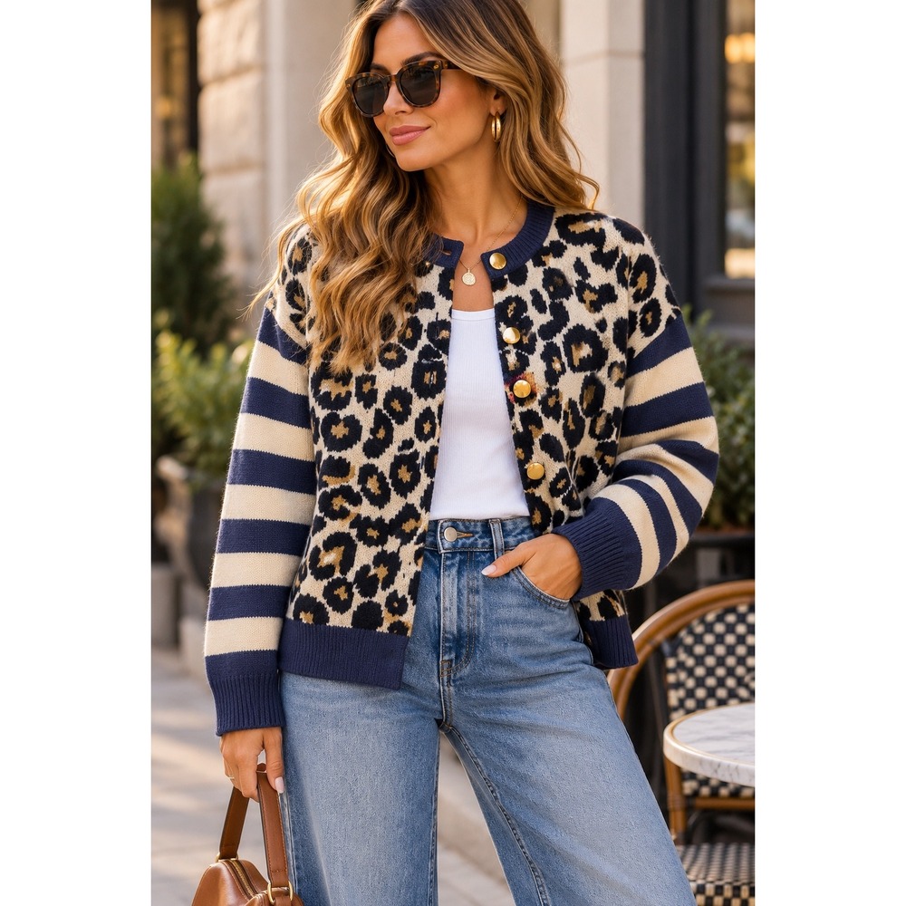 NWT Chic Whimsy Leopard Oversized Striped Cardigan Sweater Preppy Indie Sz L